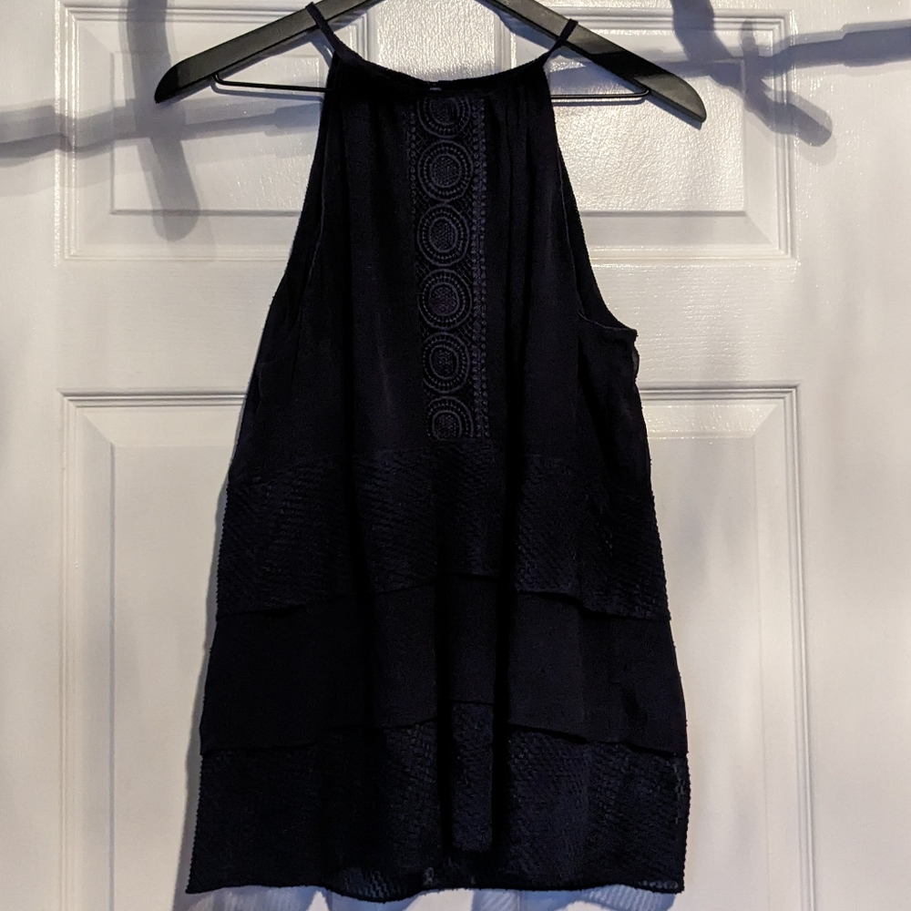WHBM Halter Swiss Dot Crochet Blouse - Navy
